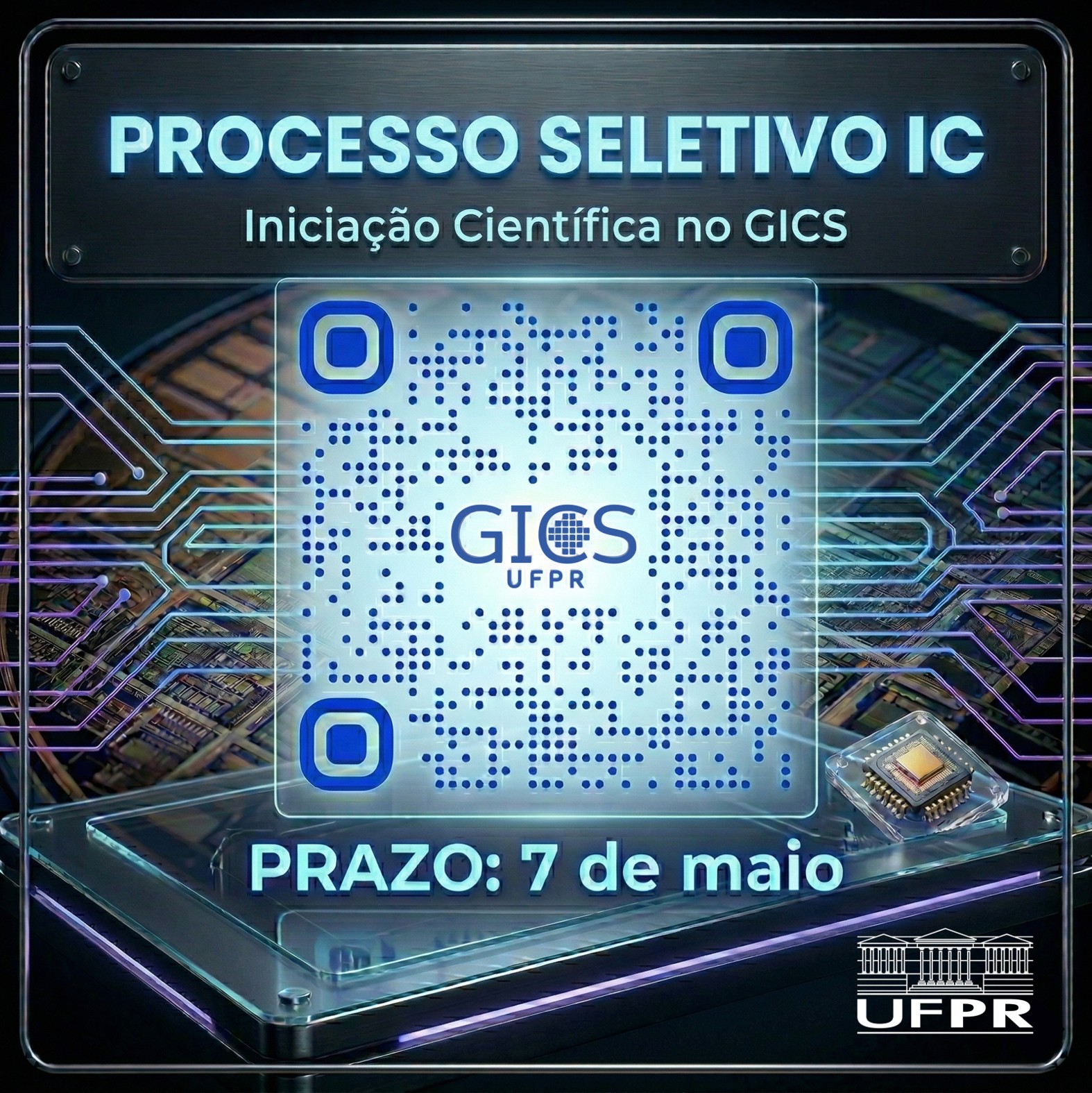 Formulário de inscrição ao processo seletivo para iniciação científica e tecnológica no GICS.

Requisitos:
- estar regularmente matriculado no curso de Engenharia Elétrica (diurno ou noturno),
- IRA de pelo menos 0,7.

Prazo para submissão da candidatura:
- 7 de maio de 2026

Etapa a ser realizada de forma presencial:
- entrevista: 11 a 15 de maio de 2026.

Docentes responsáveis:
- André Augusto Mariano
- Bernardo Leite
- Eduardo Gonçalves de Lima
- Luis Lolis
​​​​- Luis Schuartz​
- Sibilla França

Critérios de avaliação:
1) Análise do histórico escolar (peso 0,5)
2) Entrevista (peso 0,5)
Serão atribuídas notas entre 0 e 10 para cada um dos critérios. Somente poderão ser aprovados candidatos com notas superiores a 5 em ambos os critérios. 

Edital nº 01/2025 – PROPG/CICT